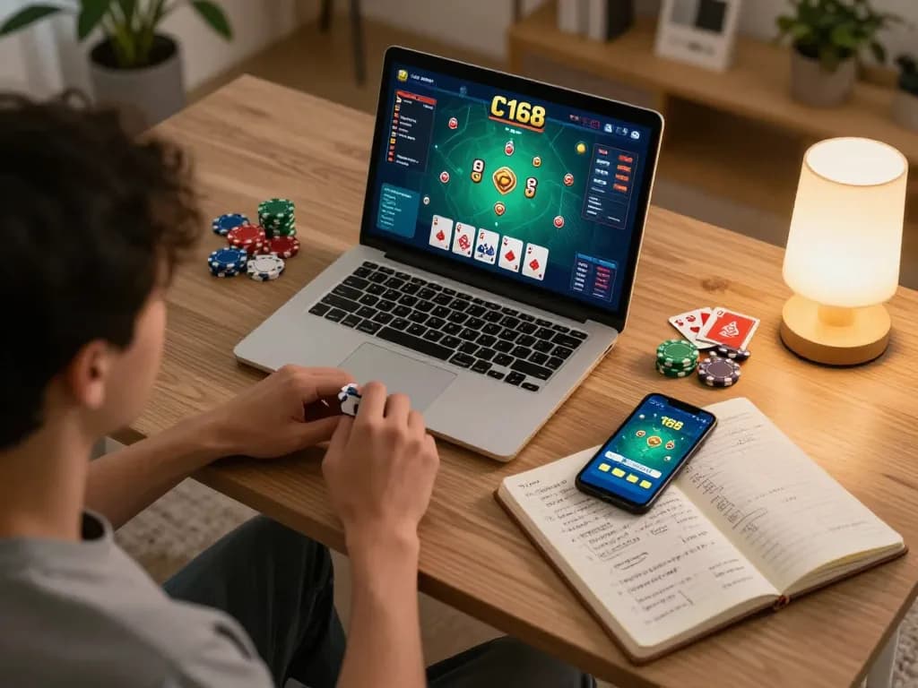 C168 game interface on a laptop during an online poker session in a cozy home setting.