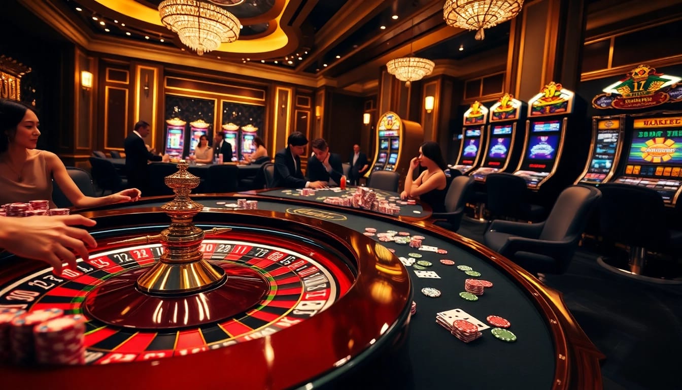 Engaging players at 58win's luxurious roulette table in a vibrant casino atmosphere.