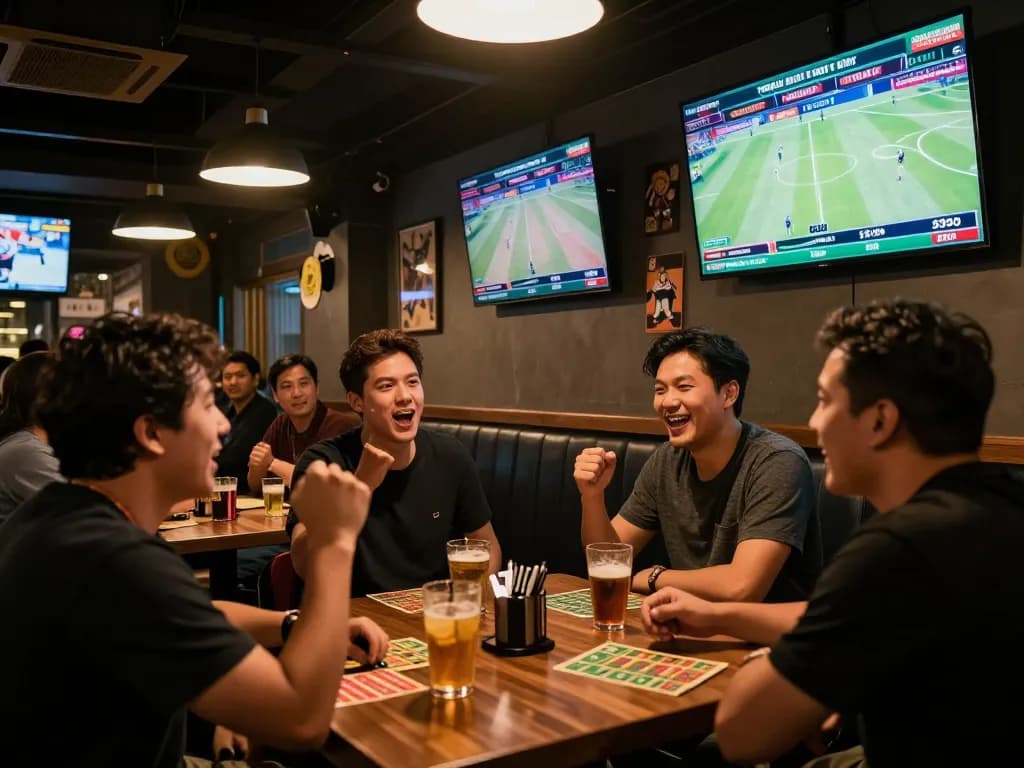 Exciting sports betting scene at mm88.green, with patrons placing bets and cheering in a lively sports bar atmosphere.