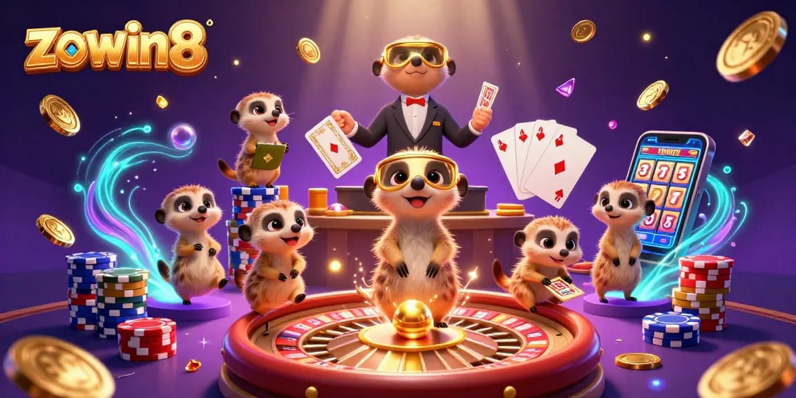 Experience the thrill of zowin8 as meerkats deal cards and sneak chips in a vibrant casino.