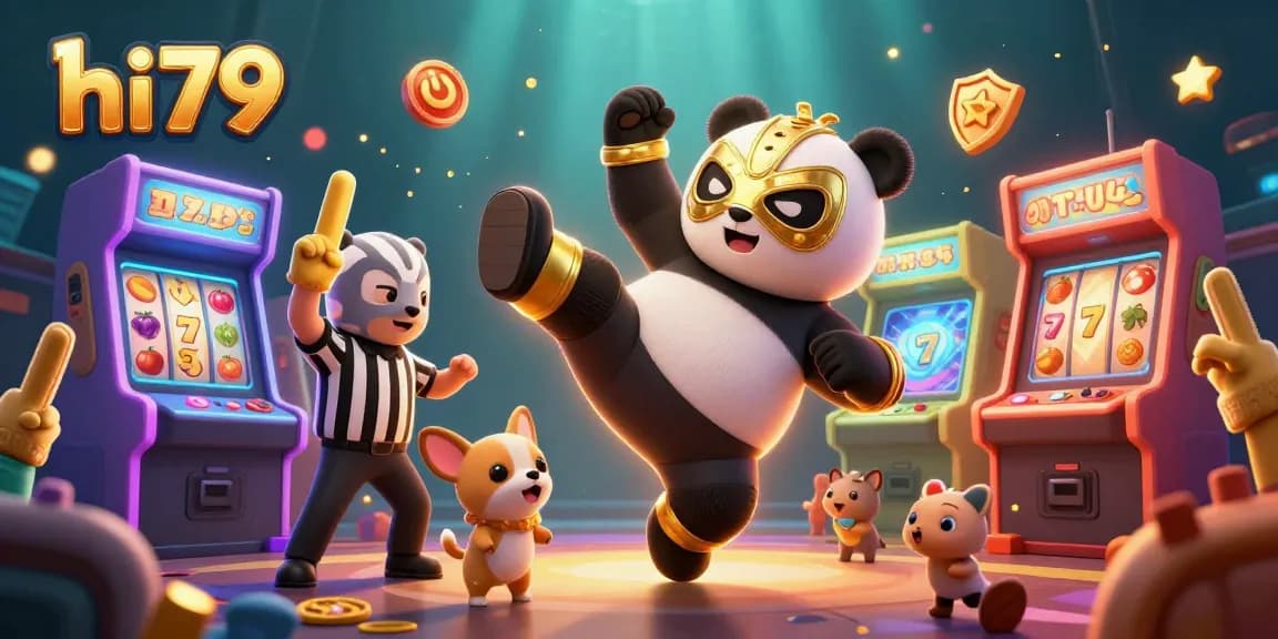 hi79 features a panda wrestler flying kick, energized with casino-themed elements.