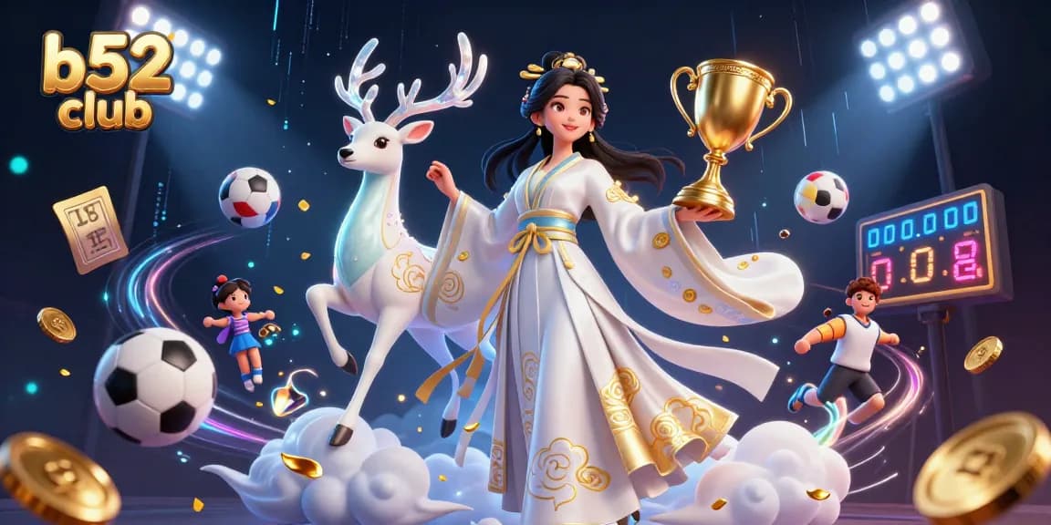 B52 Club features a vibrant 3D illustration showcasing a woman in hanfu amidst dynamic gaming elements, enhancing your betting experience.