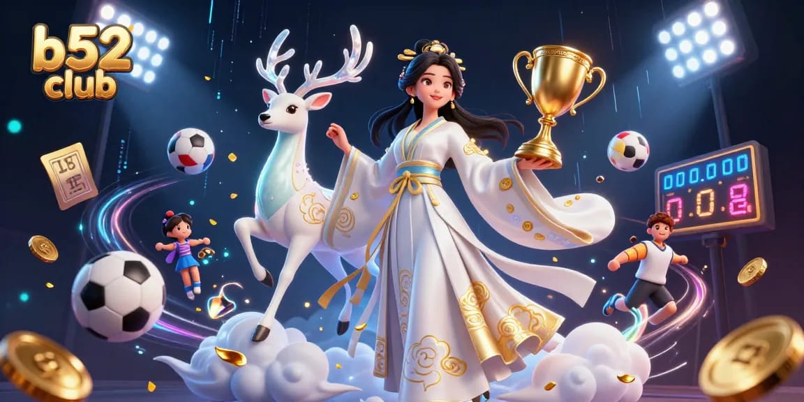 B52 Club features a vibrant 3D illustration showcasing a woman in hanfu amidst dynamic gaming elements, enhancing your betting experience.