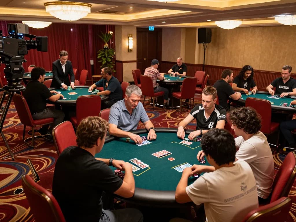 Players engaging in a high-stakes poker game at KKWIN, showcasing intense focus and casino atmosphere.