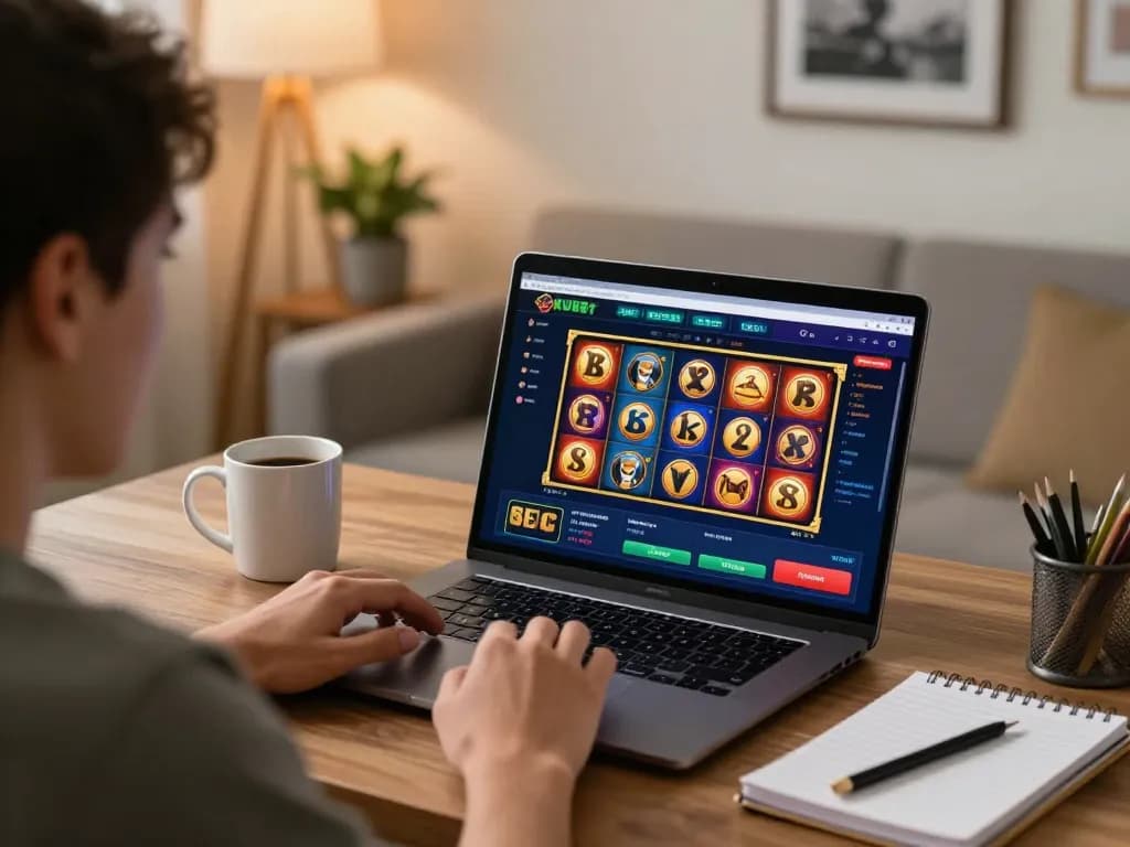 Player enjoying kubet online casino's exciting slot games in a cozy home setting