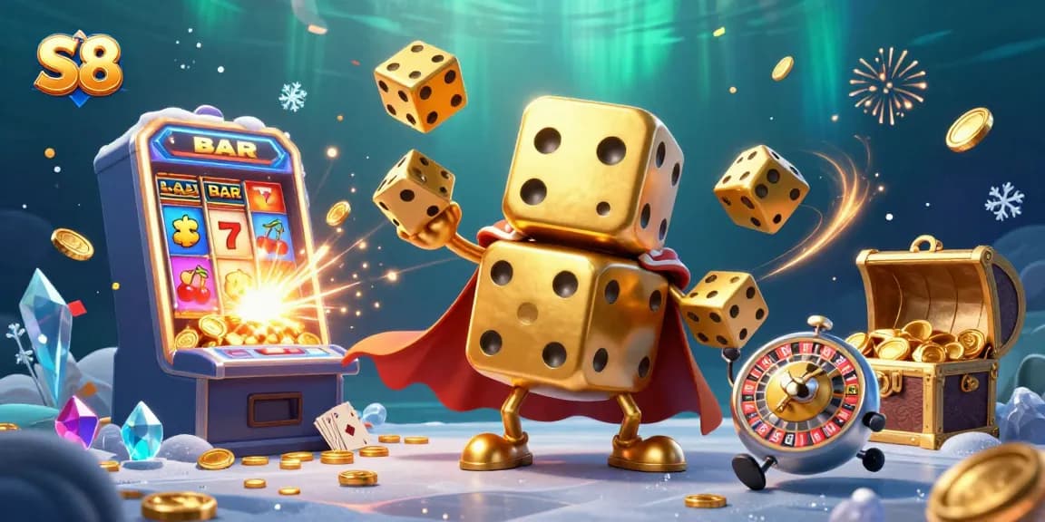 Experience thrilling gameplay with S8's vibrant casino adventures featuring golden dice and slot machines.