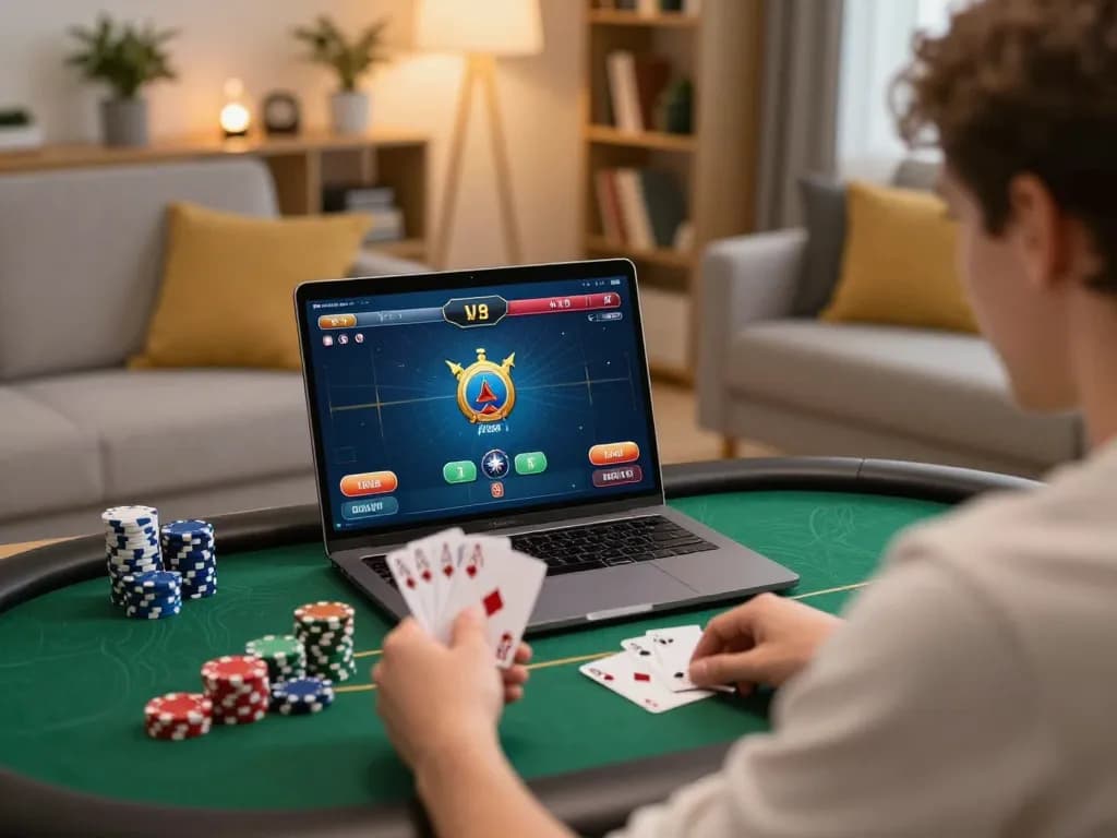 Player enjoying kuwin poker game on laptop in stylish home setting, focused on strategic betting