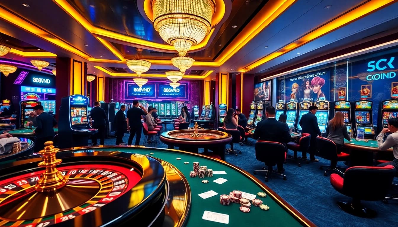 Players enjoy an exciting game night at 888VND COM, featuring vibrant casino tables and live-action.