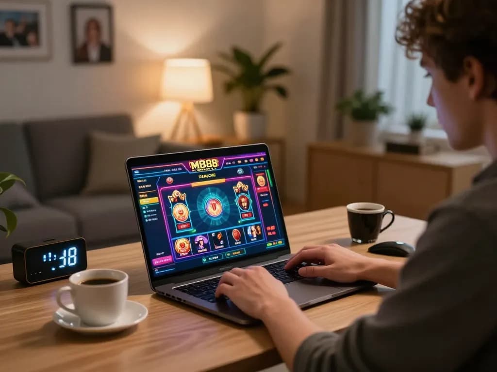 Player engaging in online gaming on MB88 TRANG CHỦ with a laptop in a cozy home office.