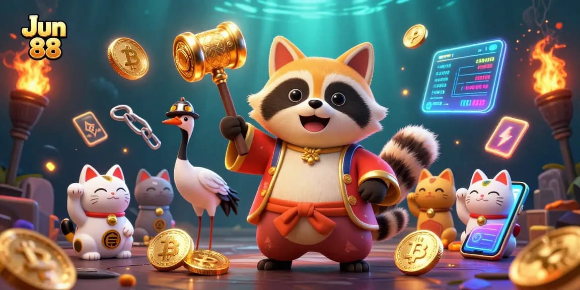 Experience exciting gaming adventures at Jun 88 with vibrant characters and dynamic crypto elements.