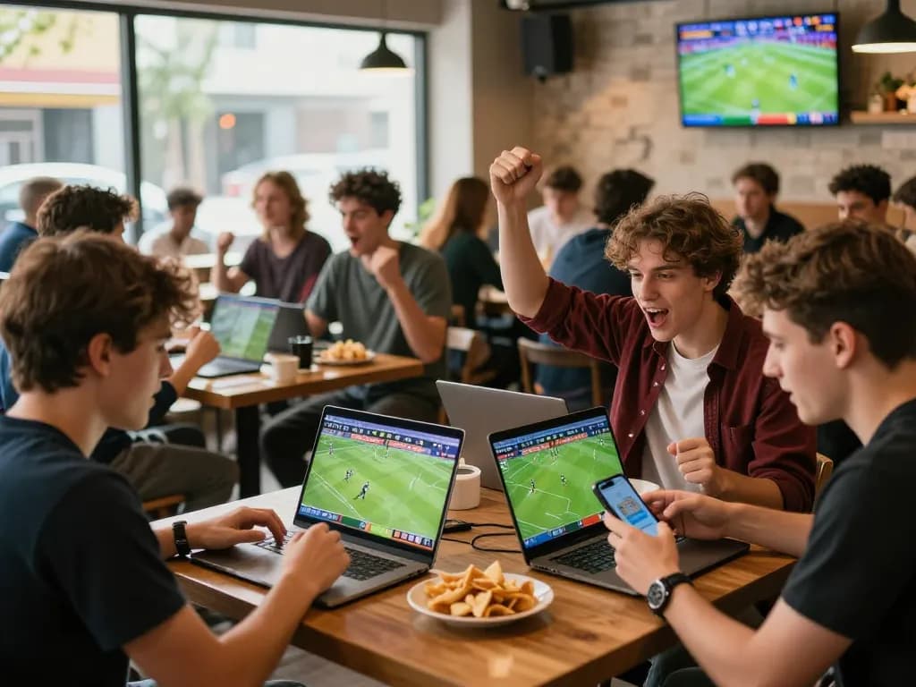 Young adults enjoying online betting on trang cá độ bóng đá in a lively café atmosphere.