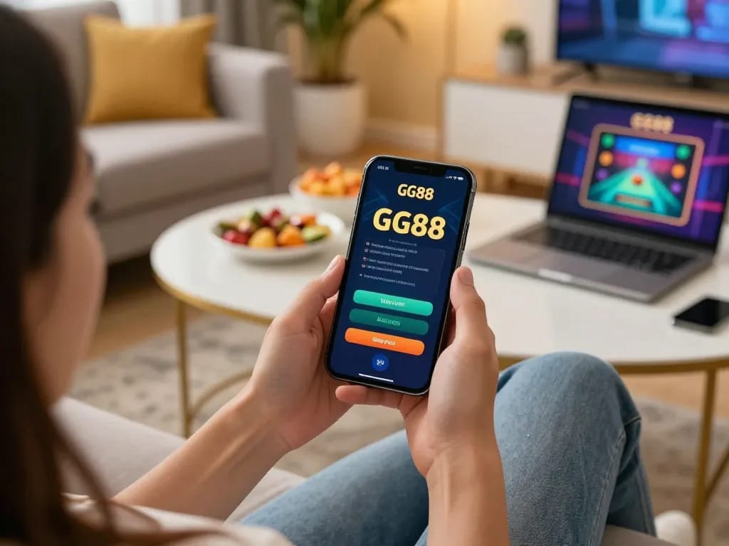Engaging GG88 đăng nhập view on a smartphone showcasing vibrant casino app interface in cozy home setting