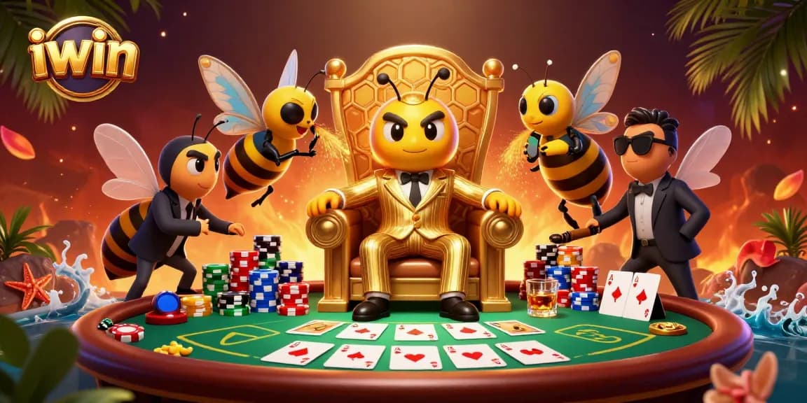 Experience thrilling iwin gaming moments with a mob boss cartoon character amid poker chips and cards.