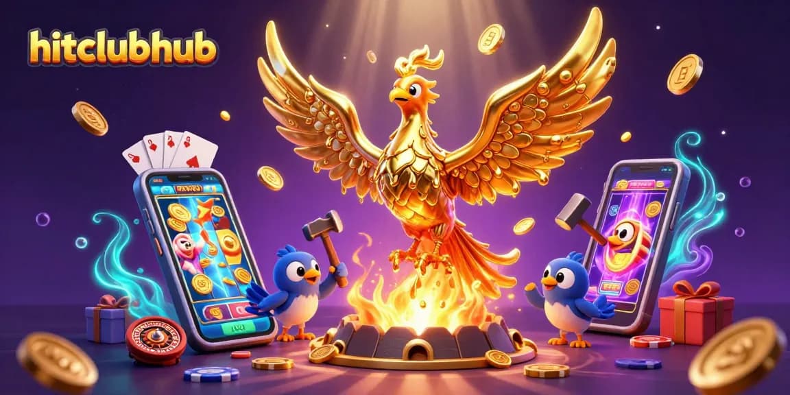 Engage with hitclubhub's visual gaming world featuring a golden phoenix and vibrant casino elements.