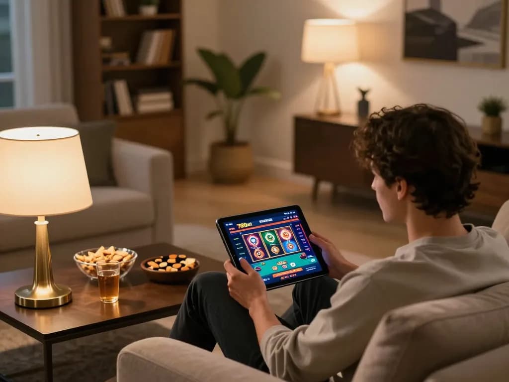 Playing online at 788bet, user engaged in casino gaming on a tablet with cozy ambiance
