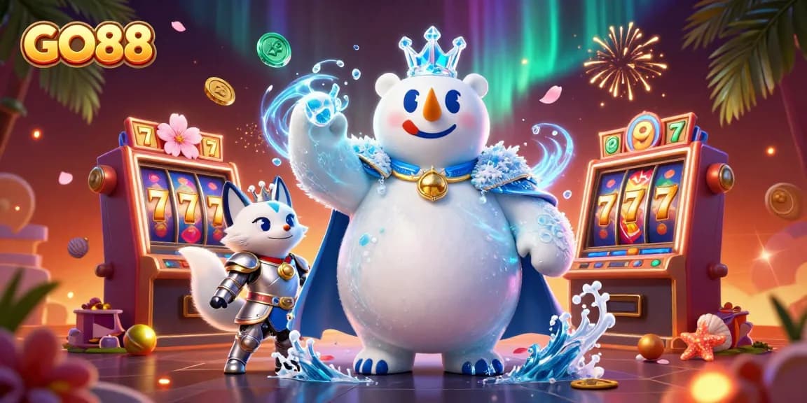 Experience the excitement of GO88 with a vibrant 3D casino scene featuring an ice king polar bear and snow fox amidst slot machines and festive elements.