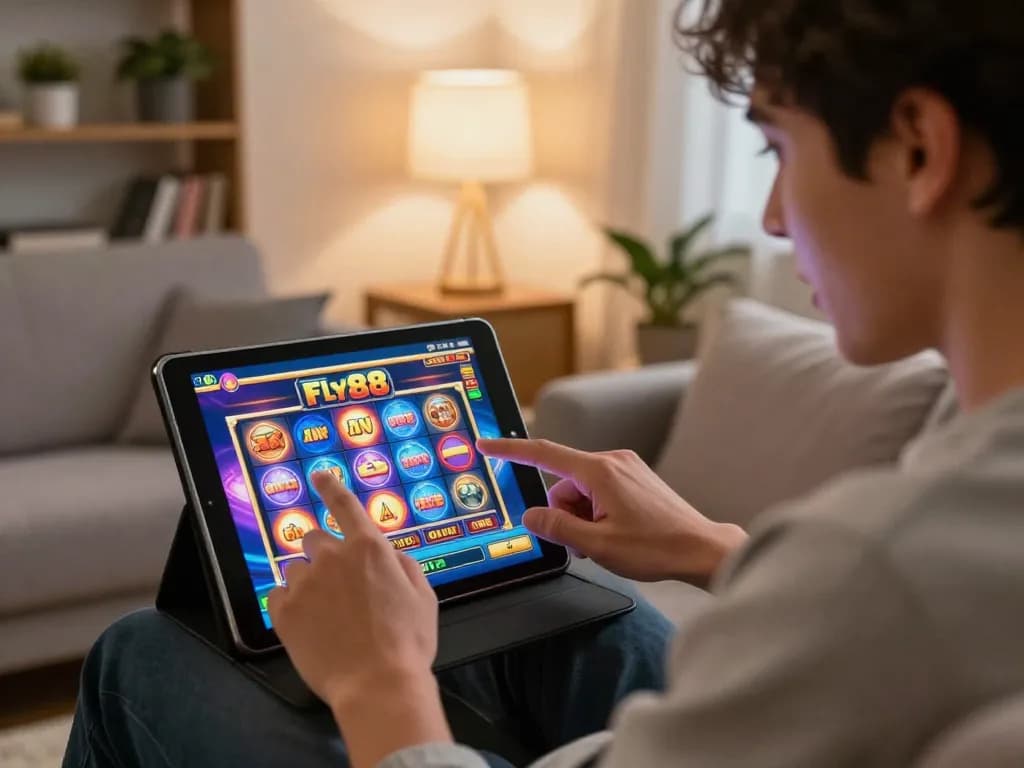 fly88 online slot game excitement captured on tablet with cozy home atmosphere
