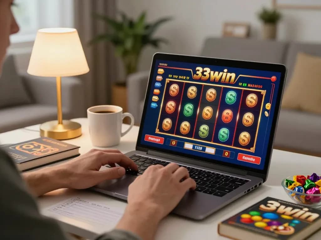 Engaging in 33win online slots gameplay from a comfortable home setting with vibrant visuals on the screen.