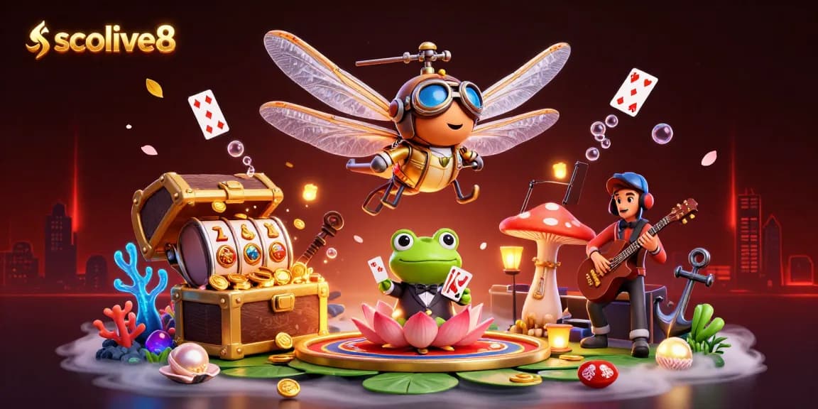 Socolive8 offers a vibrant scene of a dragonfly pilot above a lily pad casino, showcasing dynamic gameplay.