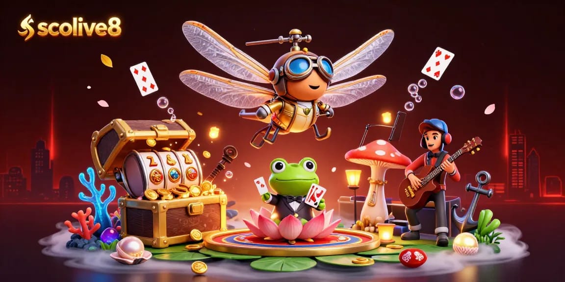 Socolive8 offers a vibrant scene of a dragonfly pilot above a lily pad casino, showcasing dynamic gameplay.