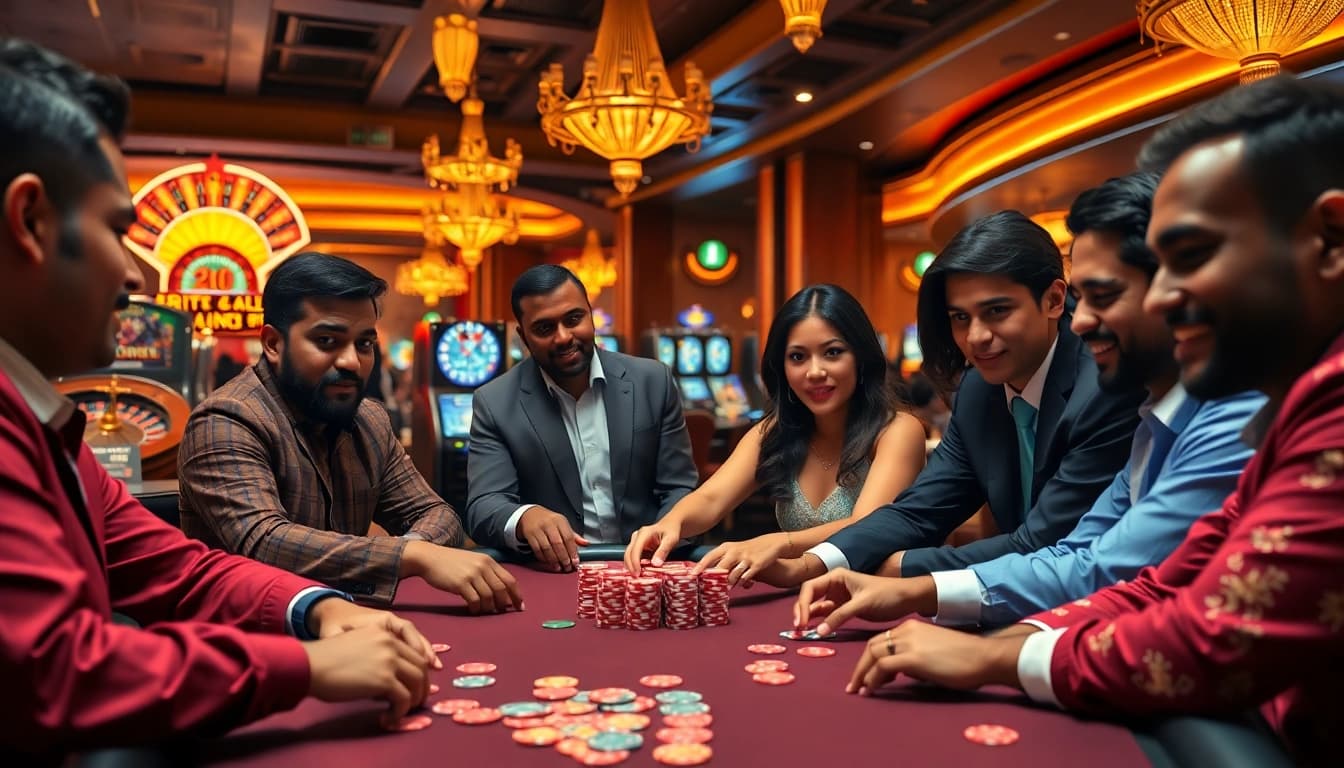 Mega888 gaming excitement at a vibrant casino poker table with diverse players.