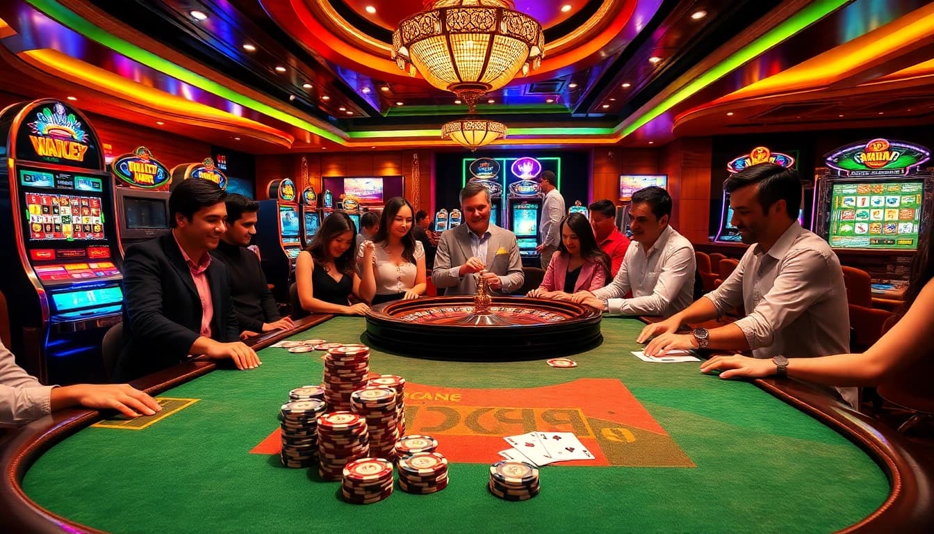 Players enjoying a game at a casino table linked to https://s8onl.com/, surrounded by vibrant gaming elements.