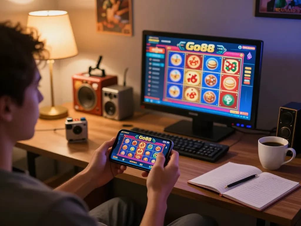 Person enjoying a fun gaming session on the Go88 app for mobile casino slots in a cozy environment.