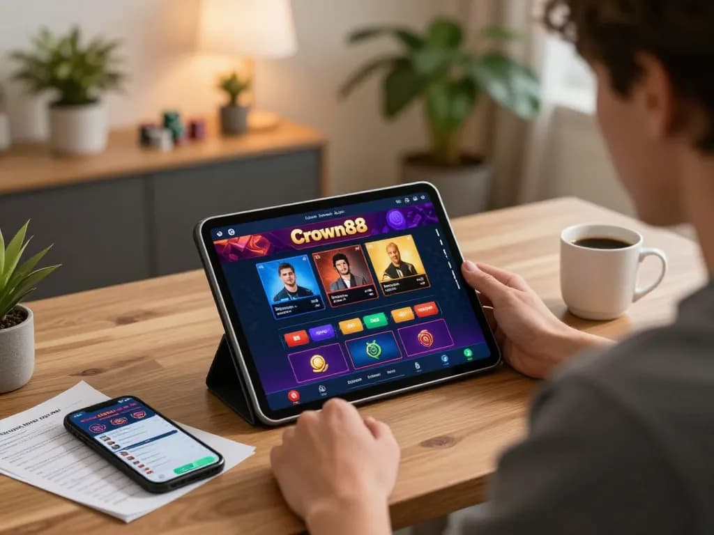 Crown88 online gambling action with player using tablet and strategies at home