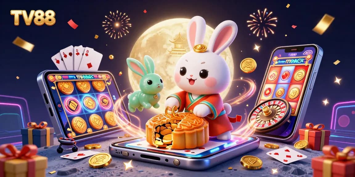 Engage with TV88's vibrant online casino experience, featuring a moon rabbit and rich gaming elements.