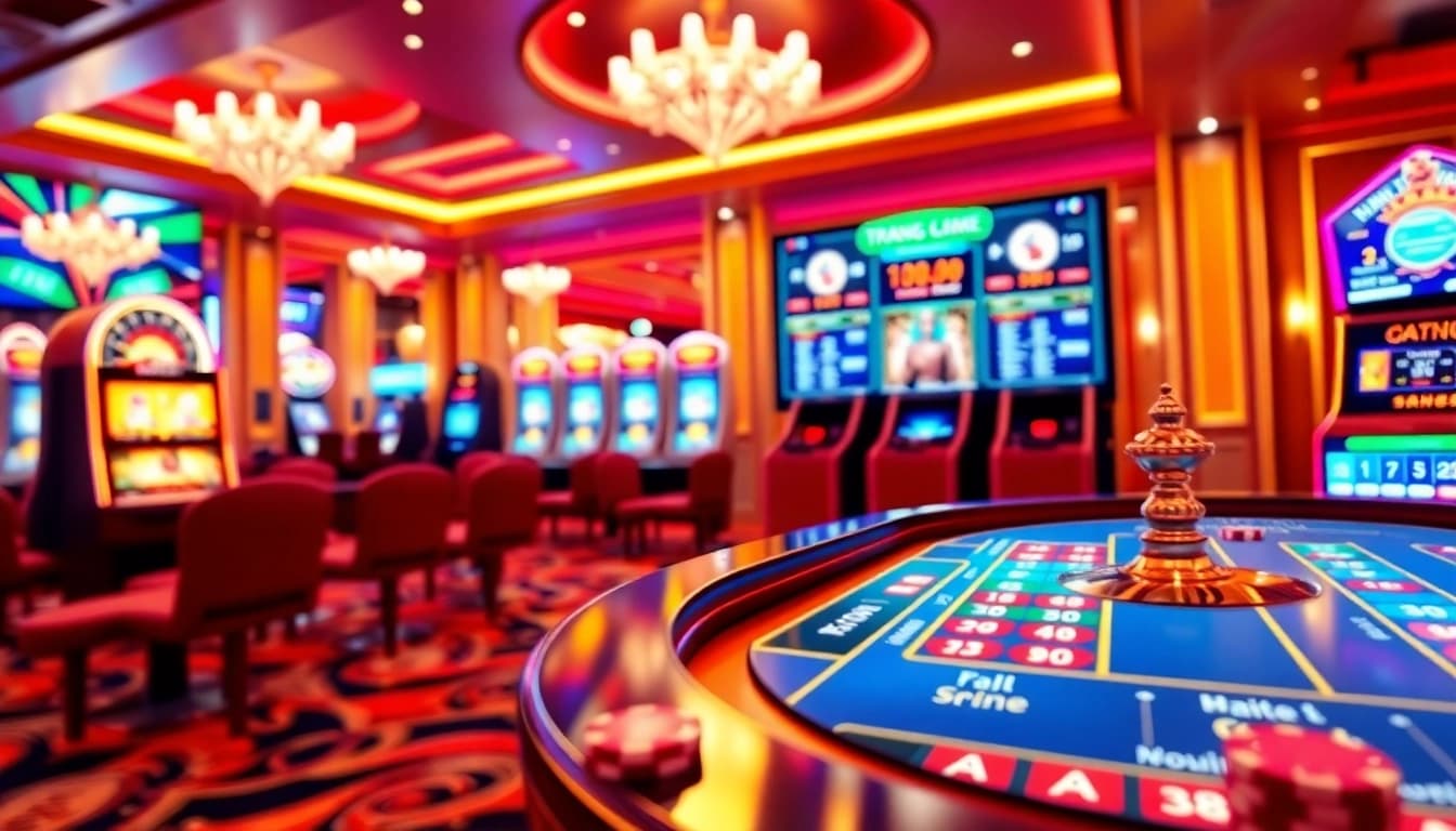 Engaging interactive gaming scene for Trang game RR88 featuring poker chips and slot machines.