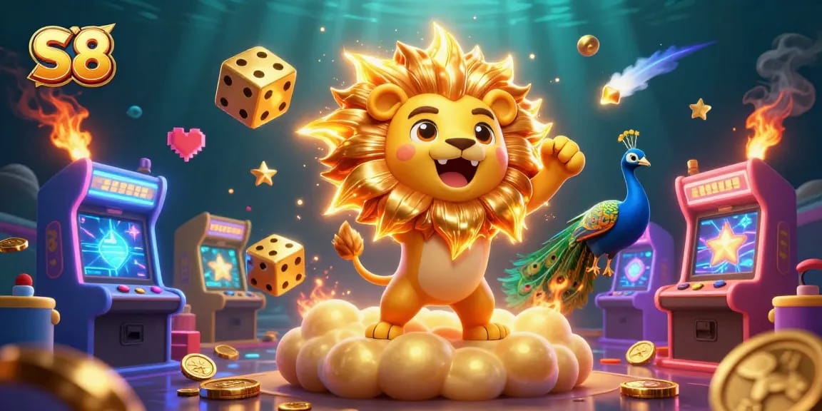 Win big with S8 casino slots featuring a vibrant 3D illustration of a roaring lion and gold elements.