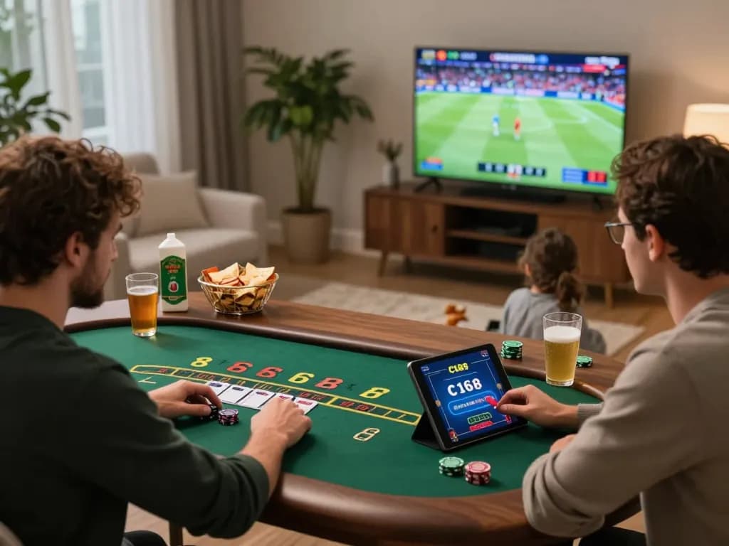 C168 casino player enjoying live blackjack on a tablet in a cozy home setup with snacks and a sports game on TV.