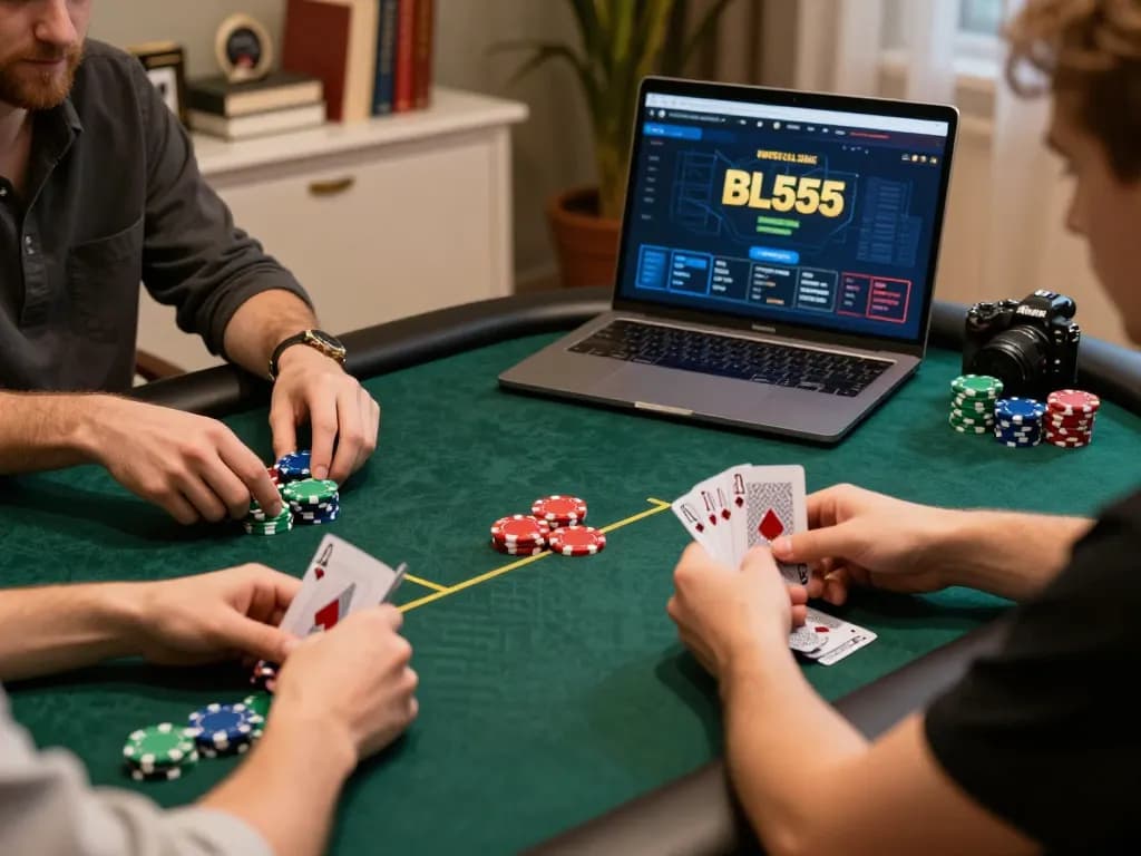 Players strategizing during an online poker session on BL555, showcasing vibrant chips and gameplay excitement.