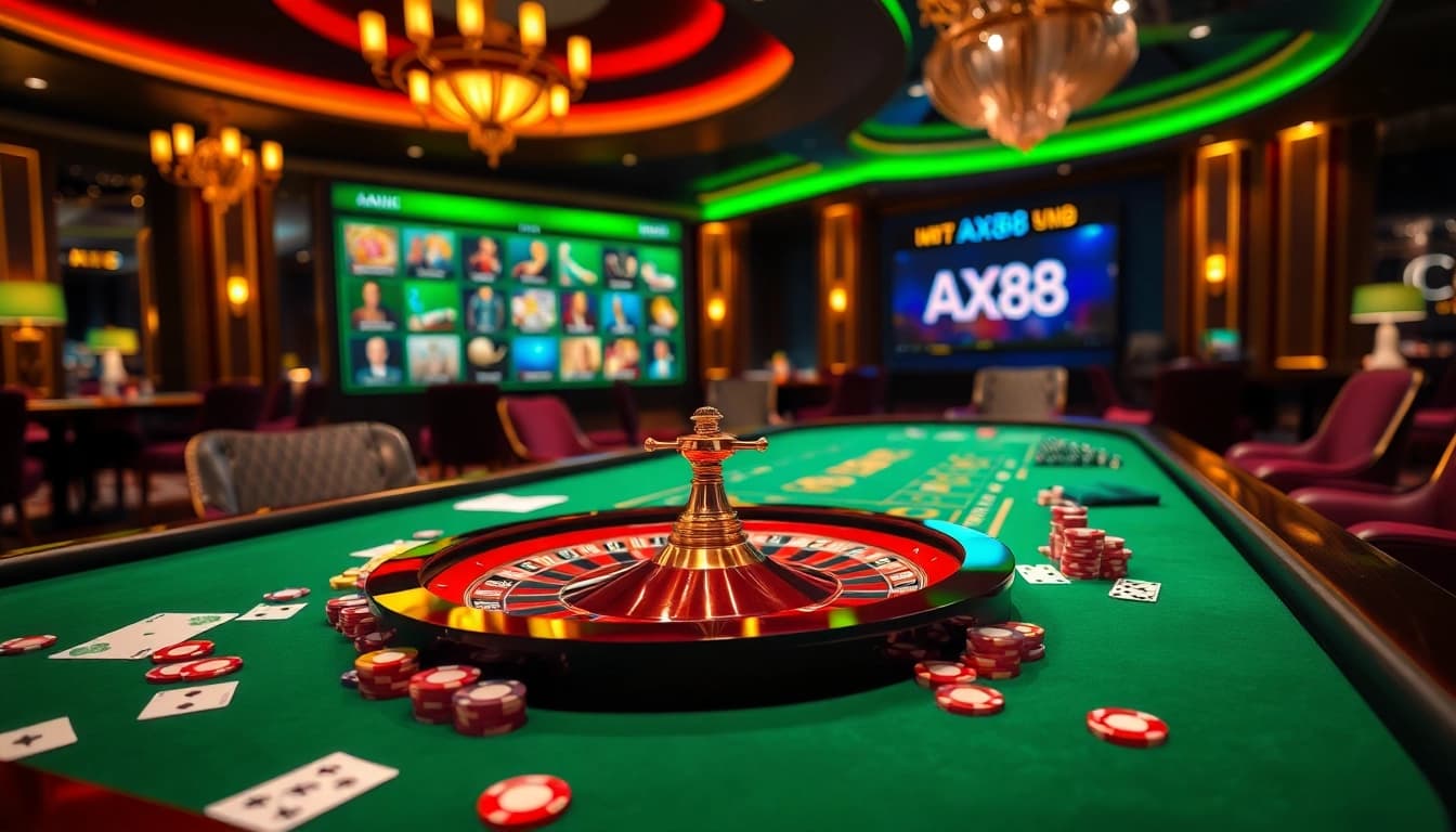 Experience the thrill of winning with AX88 at a lavish casino table featuring roulette and cards.