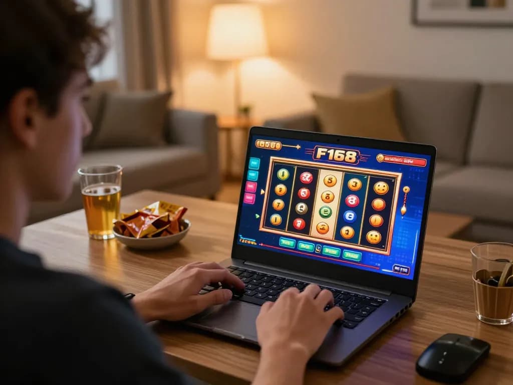Player enjoying f168 online casino slots game at home in a cozy environment