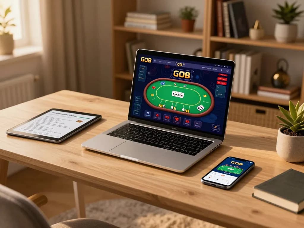 GO8 online poker game in an inviting home setup, showcasing responsible gambling atmosphere with notes and devices.