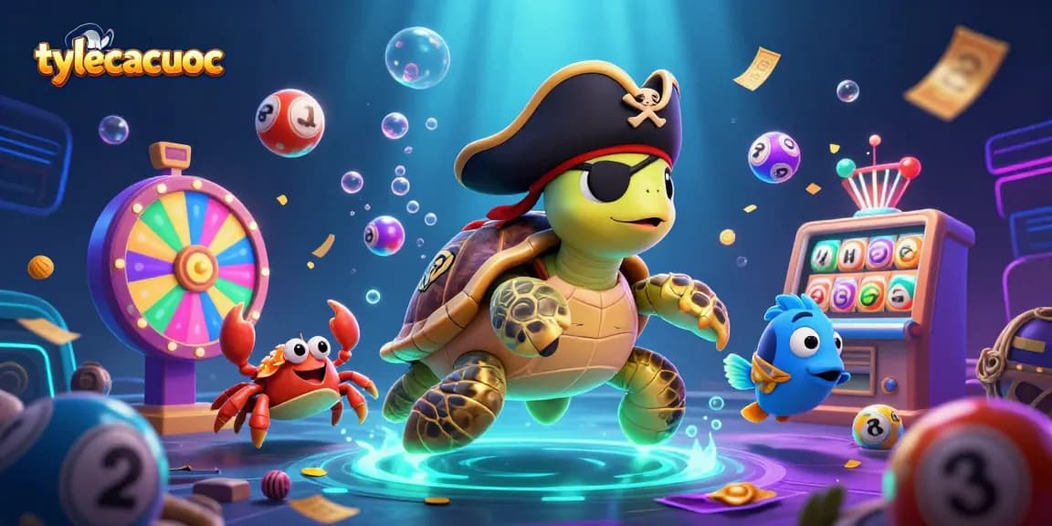 Engage with the thrilling gambling scene featuring tylecacuoc, pirate turtle, and vibrant lottery elements.