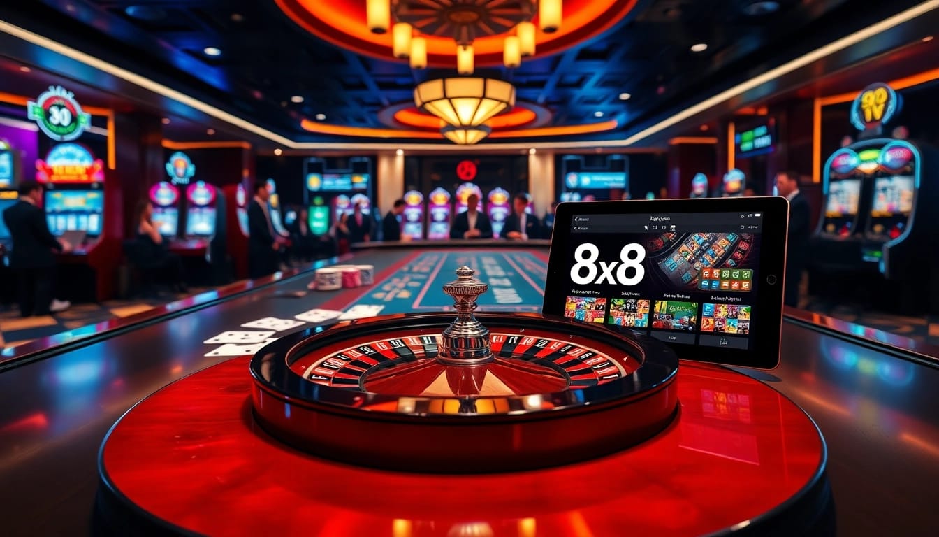 Exciting casino scene illustrating gambling activities at 8xx.com with vibrant tables and players.
