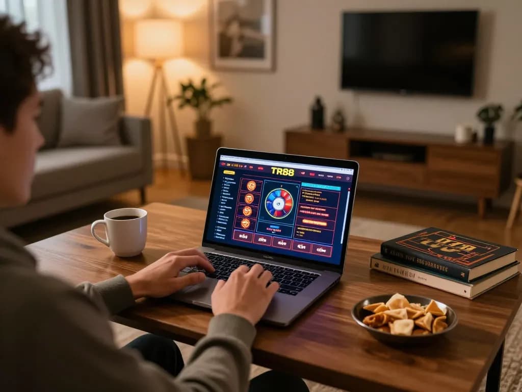 Engaging in online gaming at TR88 platform in a cozy home setting.