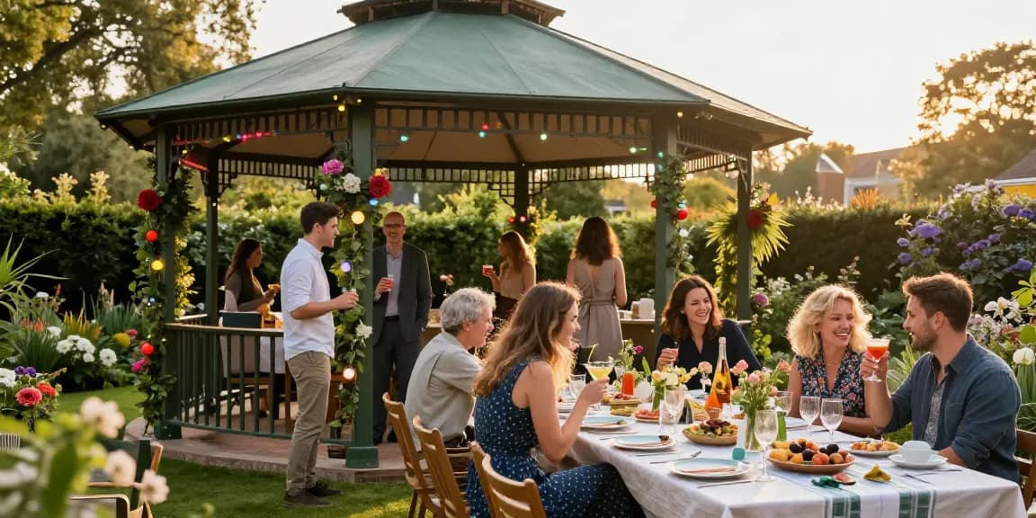 Stylish garden gazebo setup for a lively outdoor event in London at https://www.gazebohirelondon.co.uk/ with friends enjoying under decorations and warm sunset light.