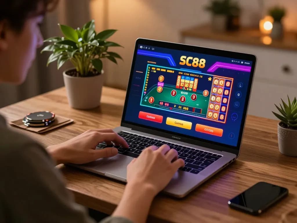 Person engaging with SC88 online casino on laptop, vibrant gambling interface showcasing poker and slots