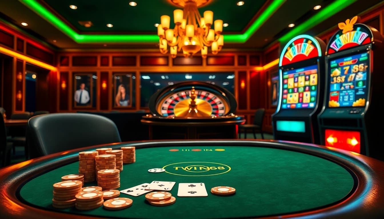 TWIN68 engaging online gambling interface filled with poker chips, roulette wheel, and slot machine.