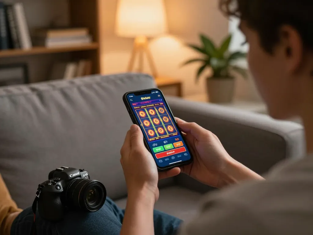 Engaging with the 8day casino app on smartphone during a relaxed gaming session.