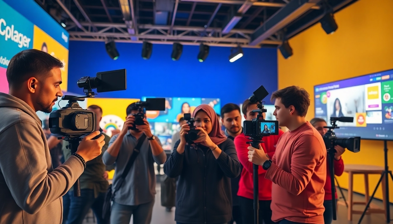 Branded content creation by professional videographers in a vibrant studio setup.