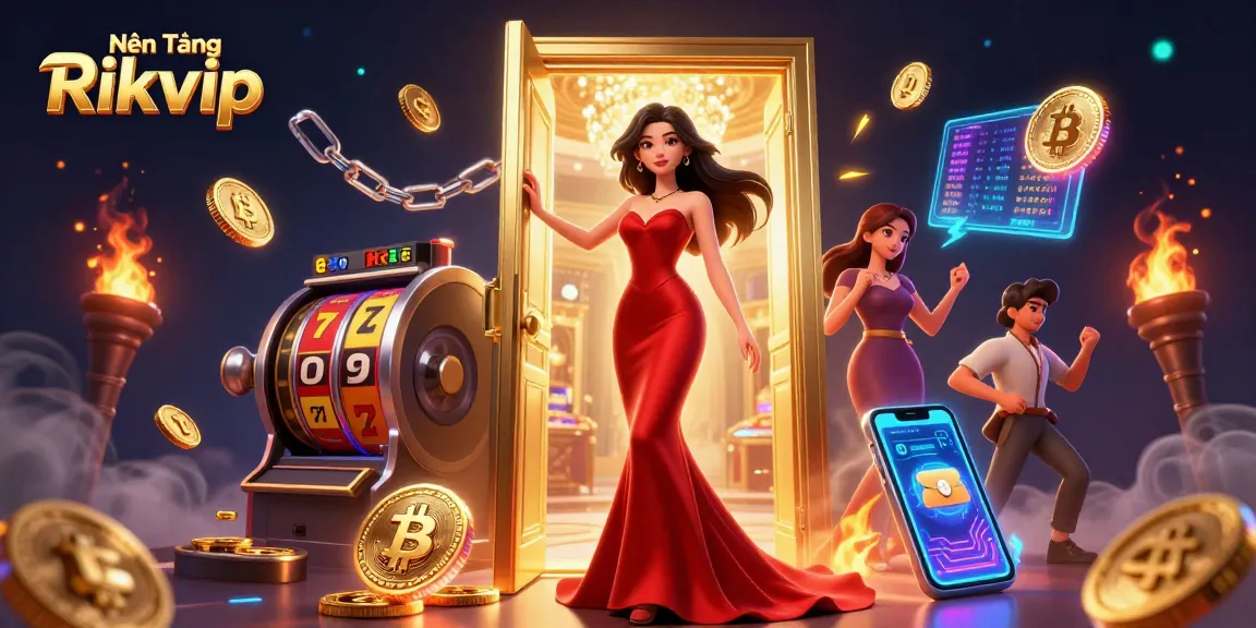 Engage with Nền Tảng Rikvip showcasing a beautiful woman in a casino doorway amidst slot machines and crypto elements.
