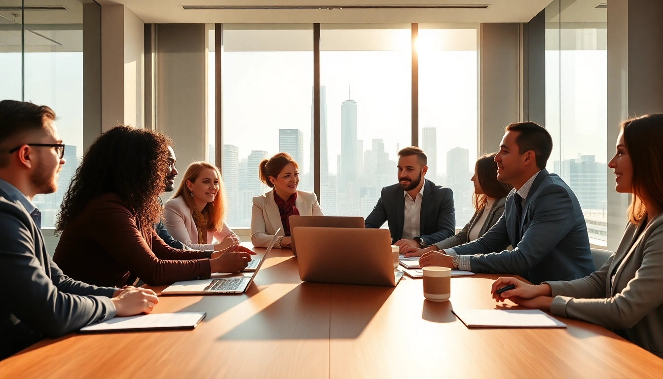 Engaged professionals collaborating to adverise your business in a modern conference room.