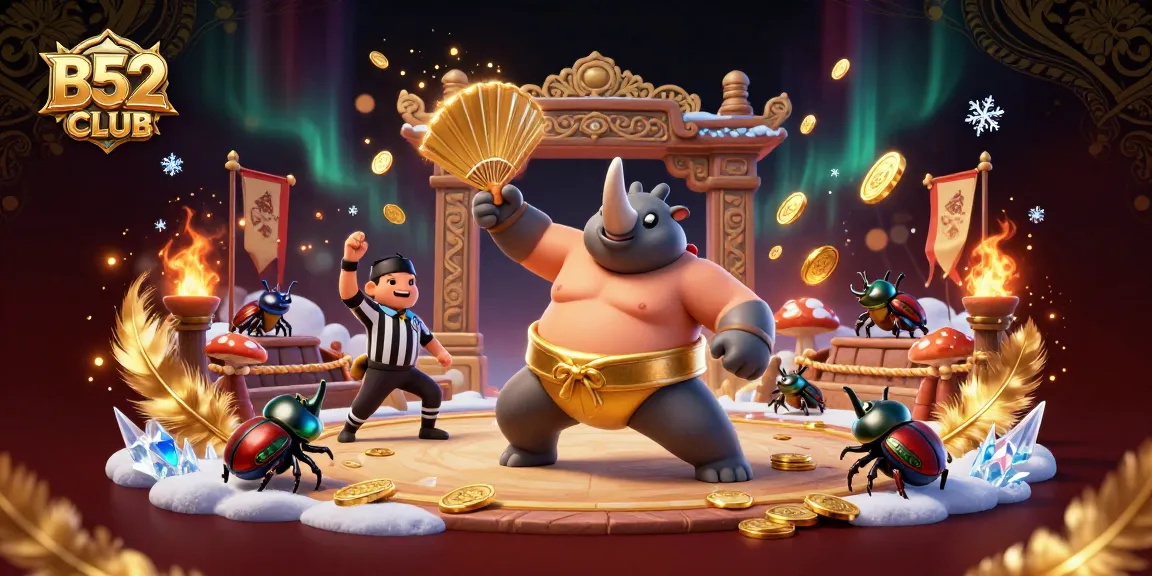 B52CLUB champions celebrate in a sumo championship, surrounded by scattered coins and casino elements.