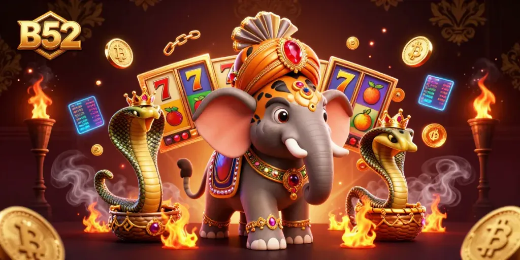 Experience B52's thrilling casino games with a vibrant 3D scene featuring an Indian maharaja and a jewel-encrusted elephant.