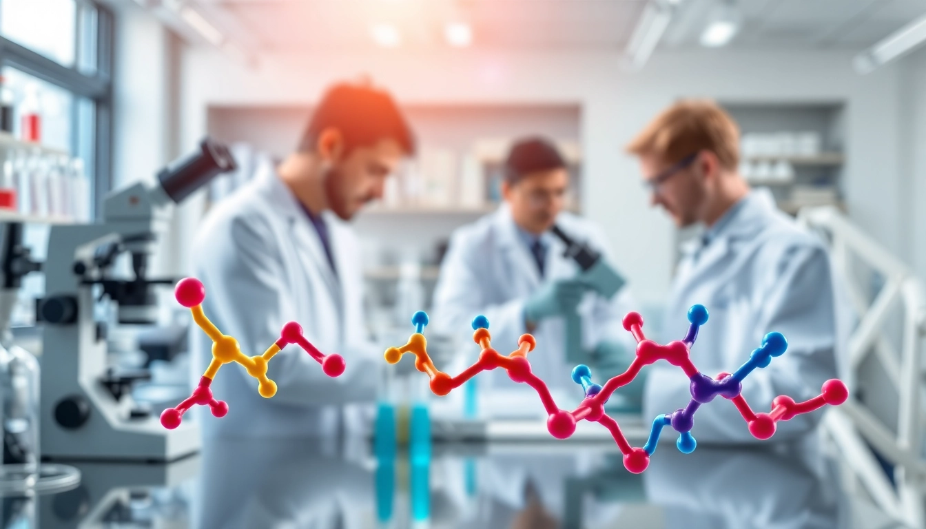 Scientists researching Peptides in a professional lab with vibrant 3D molecular structures.