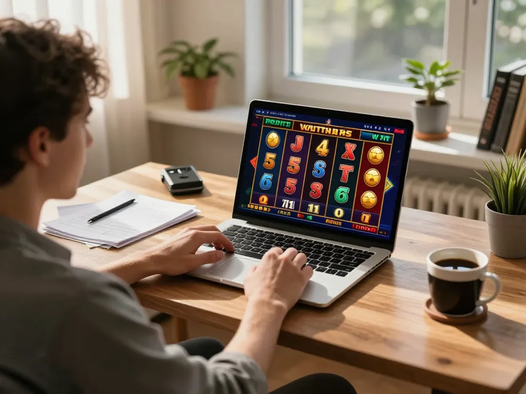 Player immersed in situs gacor online slot game on a laptop while strategically managing bankroll notes in a cozy home.
